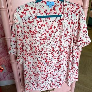 NWT CeCe Floral Ruffle Sleeve Front Button Blouse
